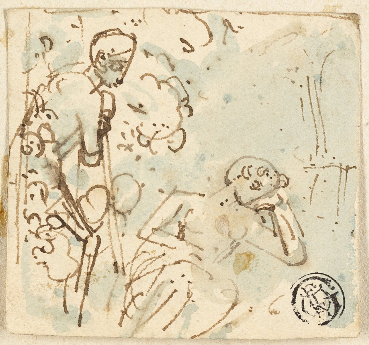 Esboço do homem apoiado na equipe, olhando para a mulher adormecida de Thomas Stothard