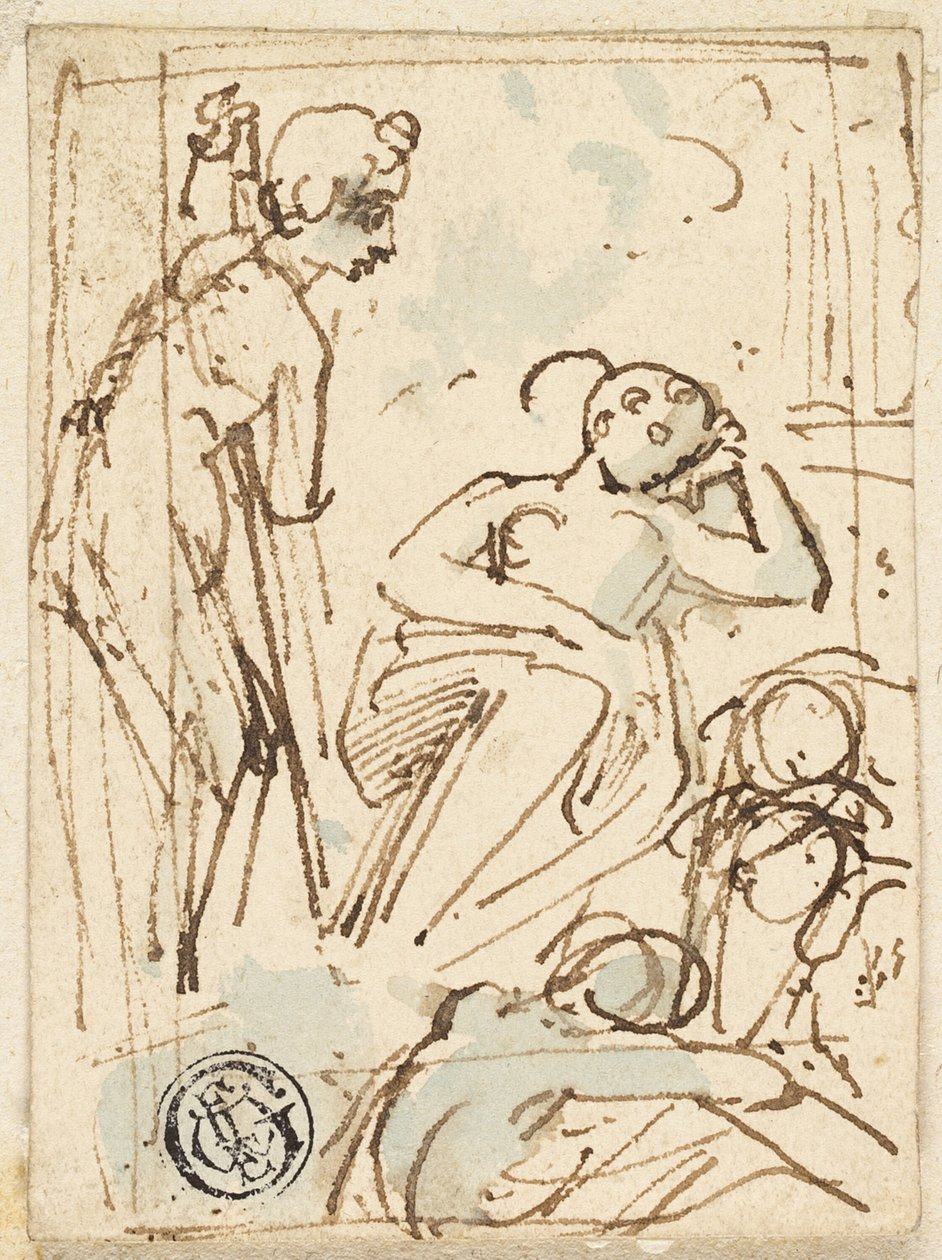 Esboço do homem apoiado na equipe, olhando para a mulher adormecida de Thomas Stothard