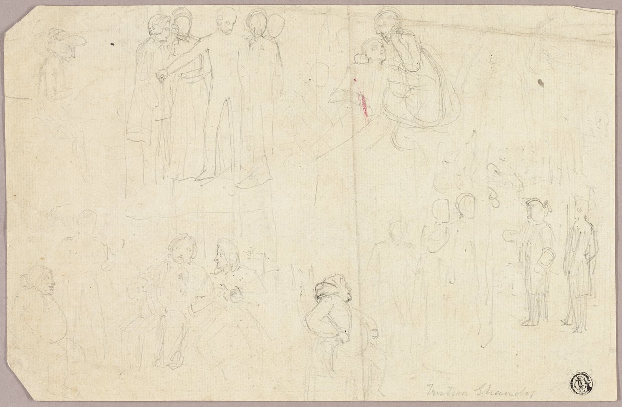 Esboços para Tristram Shandy (reto); Esboços de medalhão com figura alegórica sentada (verso) de Thomas Stothard