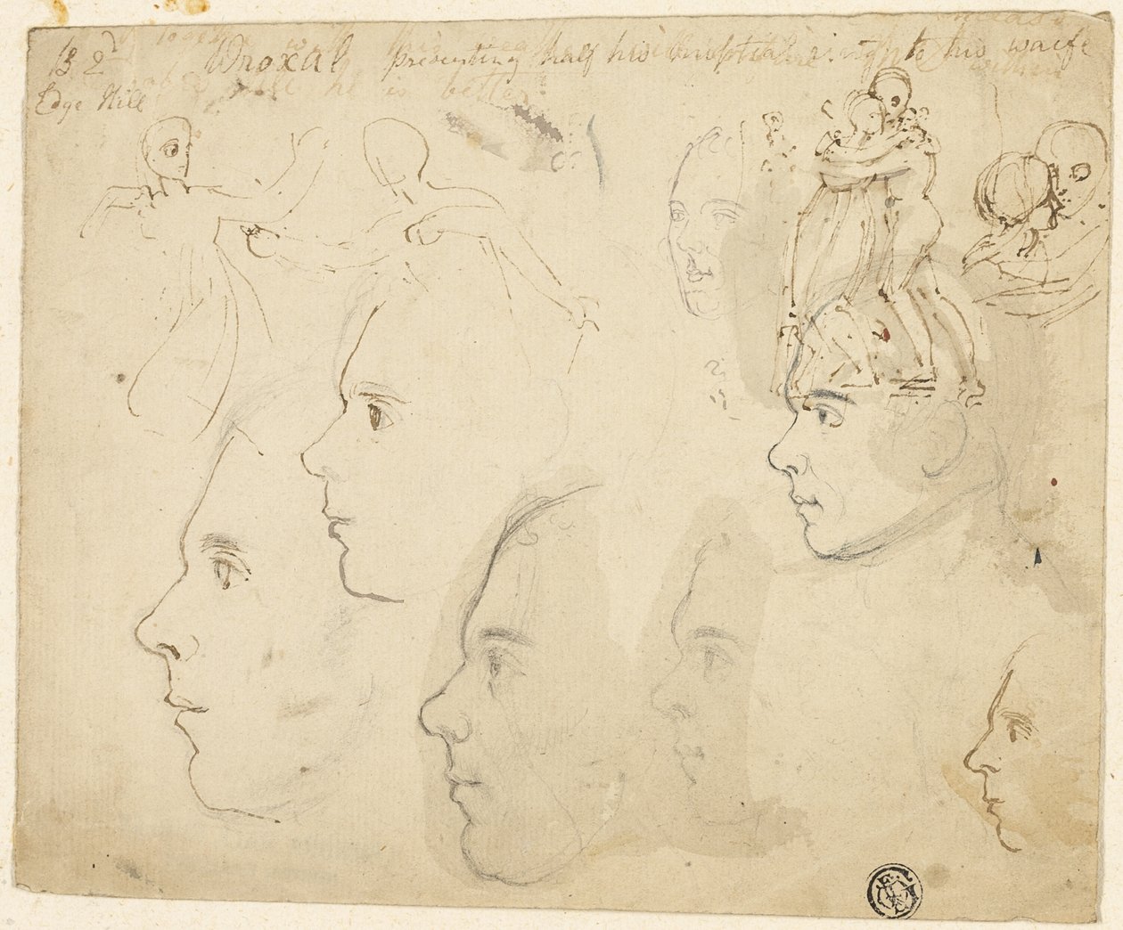 Esboços de perfis masculinos, casal se abraçando de Thomas Stothard