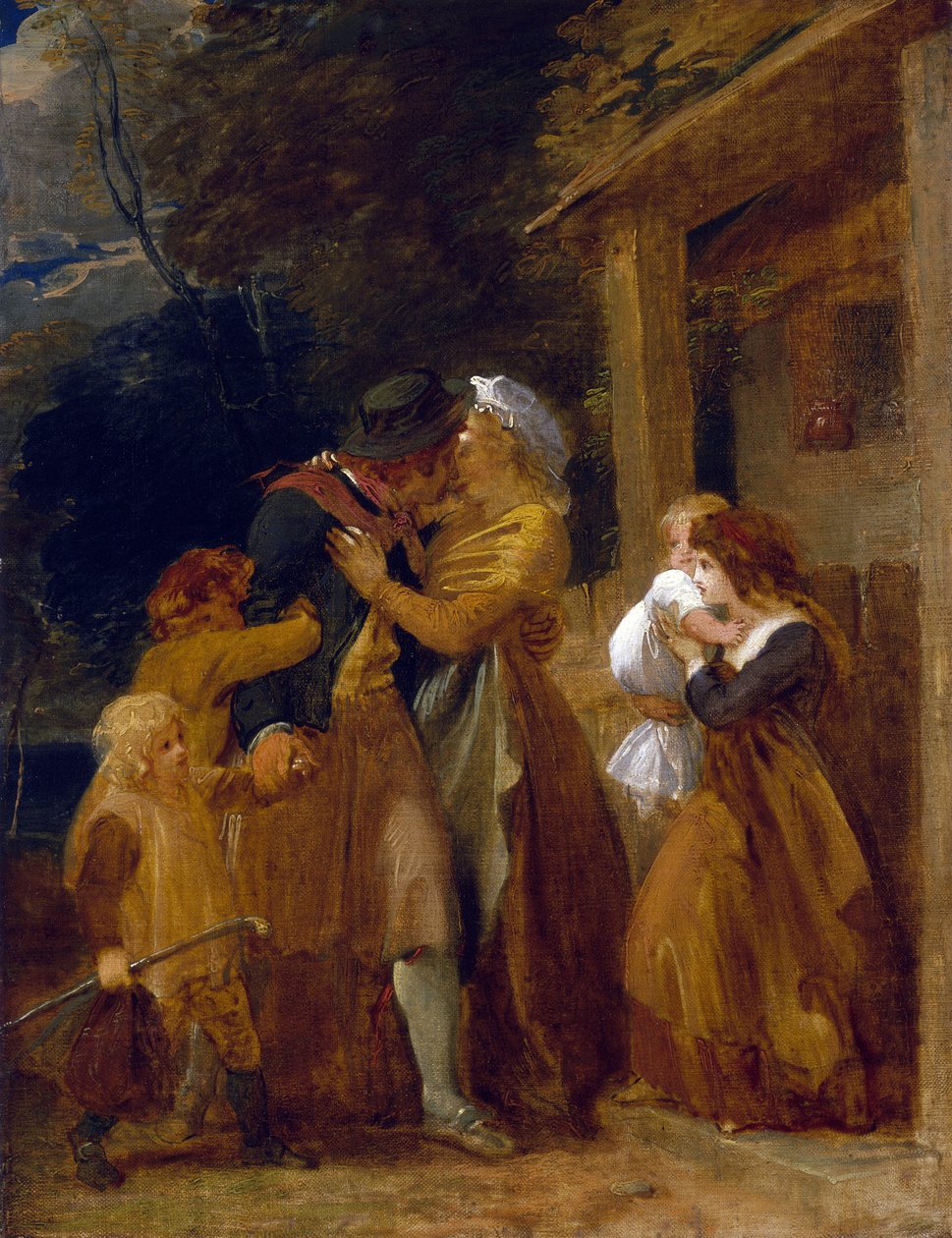 O regresso do marinheiro, reunido com a sua família no limiar da sua casa de campo. Óleo sobre tela de Thomas Stothard