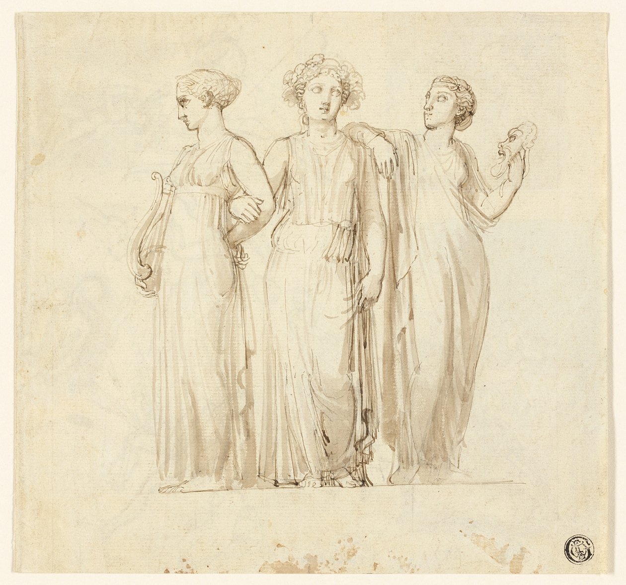 Três Musas (reto); Estudo de cavaleiro e monge para ilustração em romance gótico (verso) de Thomas Stothard
