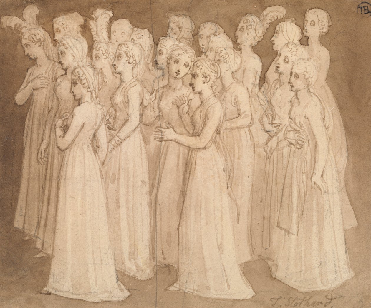 Vinte raparigas jovens num grupo a caminhar para a esquerda de Thomas Stothard