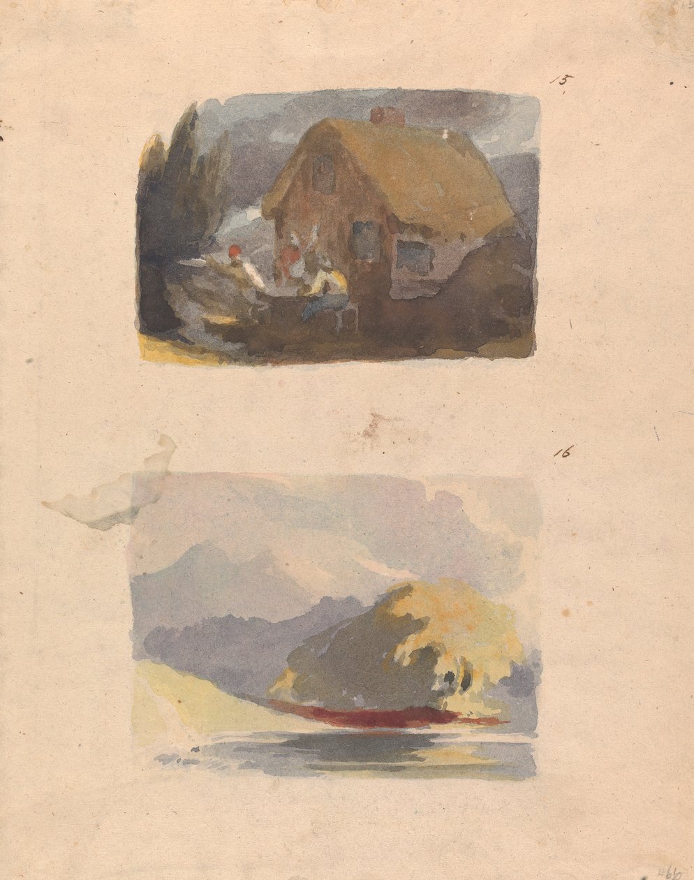 Dois Desenhos em Uma Folha: Casa de campo com figuras em frente (nº 15); Paisagem com rio e montanha - Sol (nº 16) de Thomas Sully