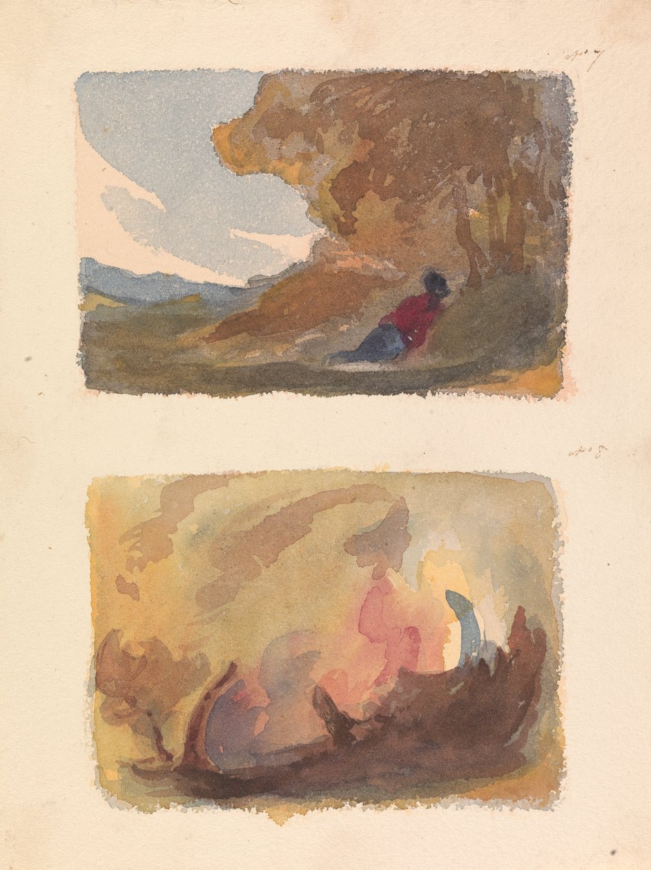 Dois Desenhos em Uma Folha: Paisagem com Reclinagem de Figura Contra Colina - Escola Ticiana e Veneziana (nº 7); Paisagem - Variedade de Lavagens de Aguarela (nº 8) de Thomas Sully