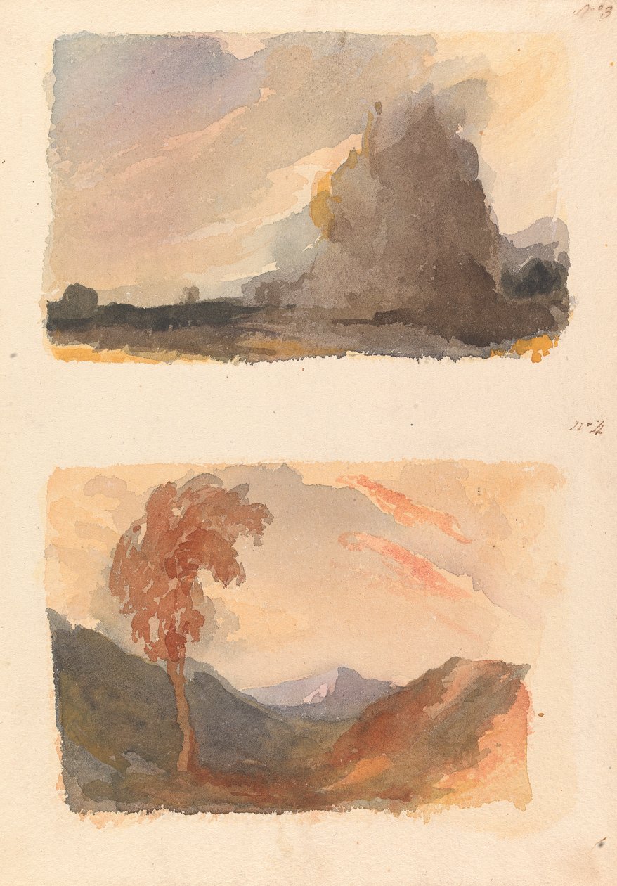 Dois Desenhos em Uma Folha: Paisagem com Grande Penhasco em Primeiro Plano - Princípio de Cuyp (nº 3); Paisagem com Árvore em Primeiro Plano, Montanhas em Distância - Princípio de Ambos (nº 4) de Thomas Sully