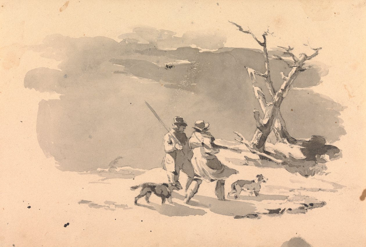 Dois Caçadores e Dois Cães em Cena de Inverno de Thomas Sully