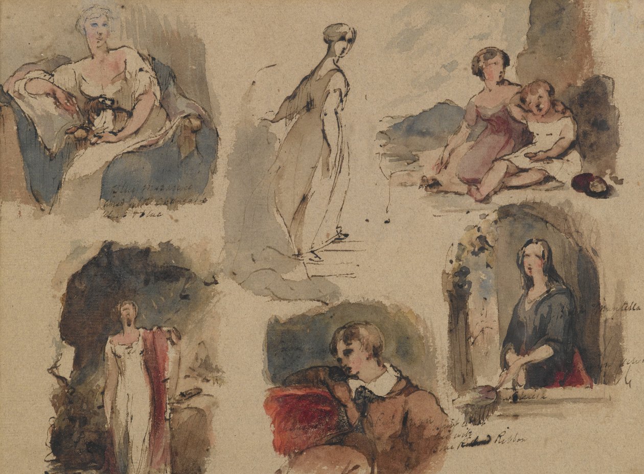 [Untitled] (Six Figure Studies), c.1830s (tinta de fel de ferro & wc em papel envelhecido antigo bege, de peso médio, moderadamente texturizado) (reto) de Thomas Sully