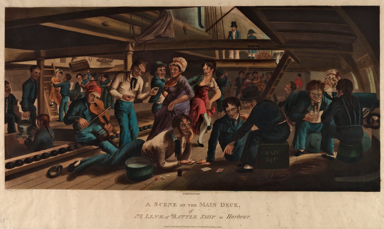 Uma cena no convés principal de um navio de guerra de linha no porto de Thomas Sutherland