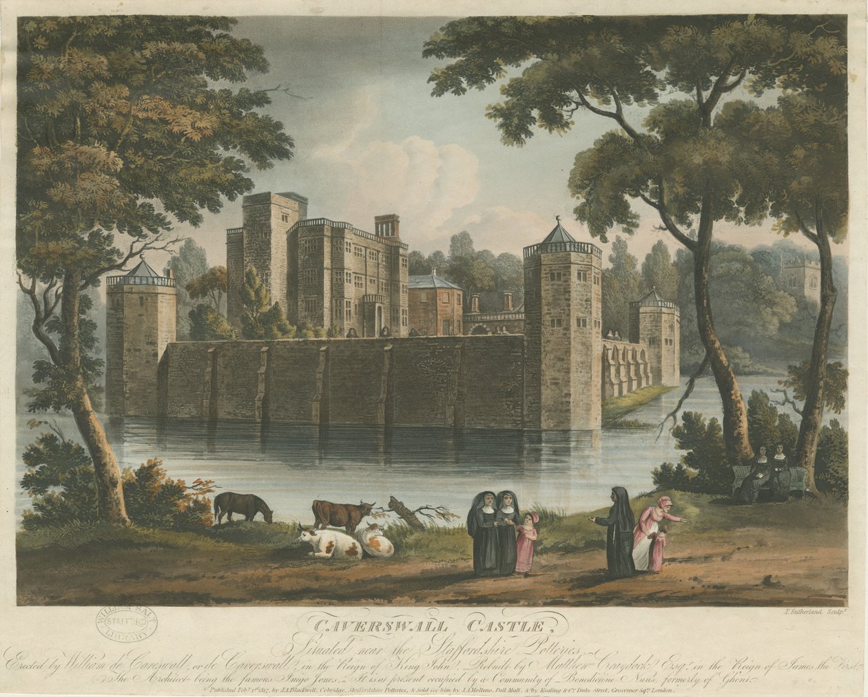 Castelo de Caverswall: gravura em aquatinta colorida, 1 de fevereiro de 1817 de Thomas Sutherland