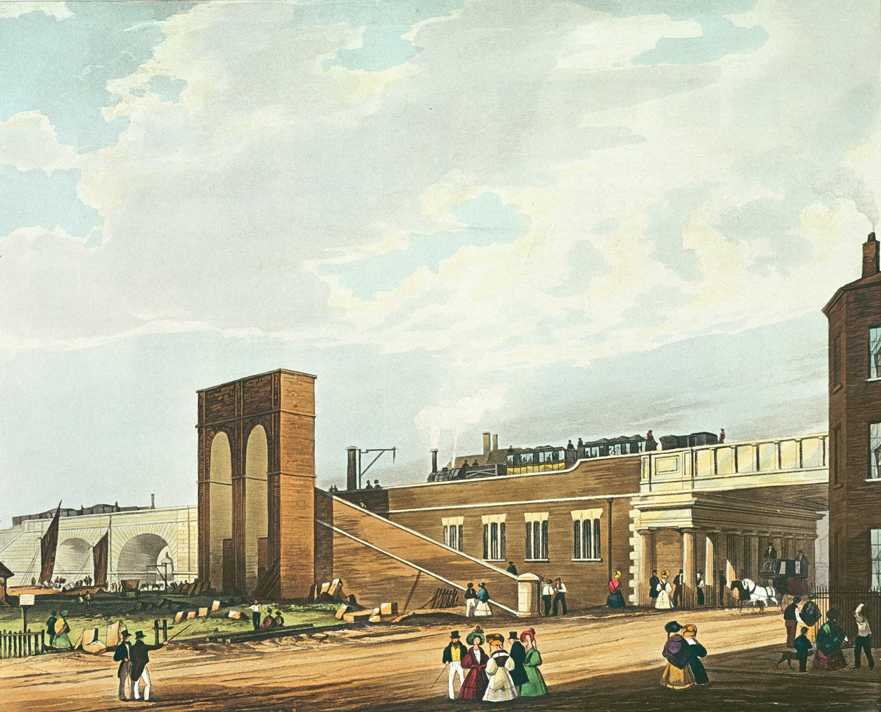 Entrada em Manchester pela rua Water, gravada por Henry Pyall (1795-1833), publicada por Ackermann und Co., 1831 (colorida aquatinta) de Thomas Talbot Bury