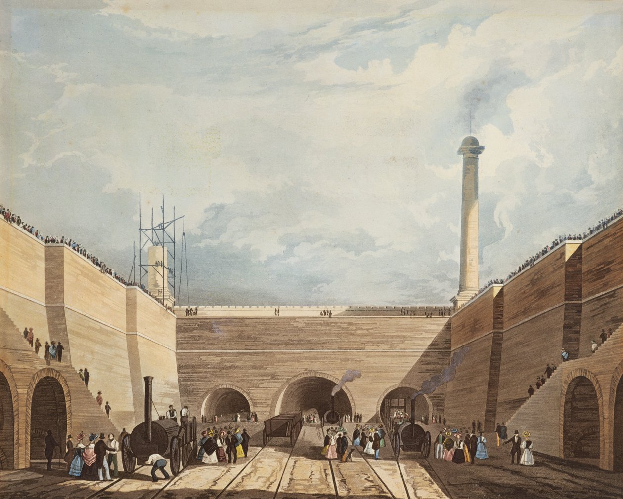 Entrada da estrada de ferro em Edge Hill, Liverpool, gravado por H. Pyall, 1831 (gravura colorida à mão e aquatinta) de Thomas Talbot Bury