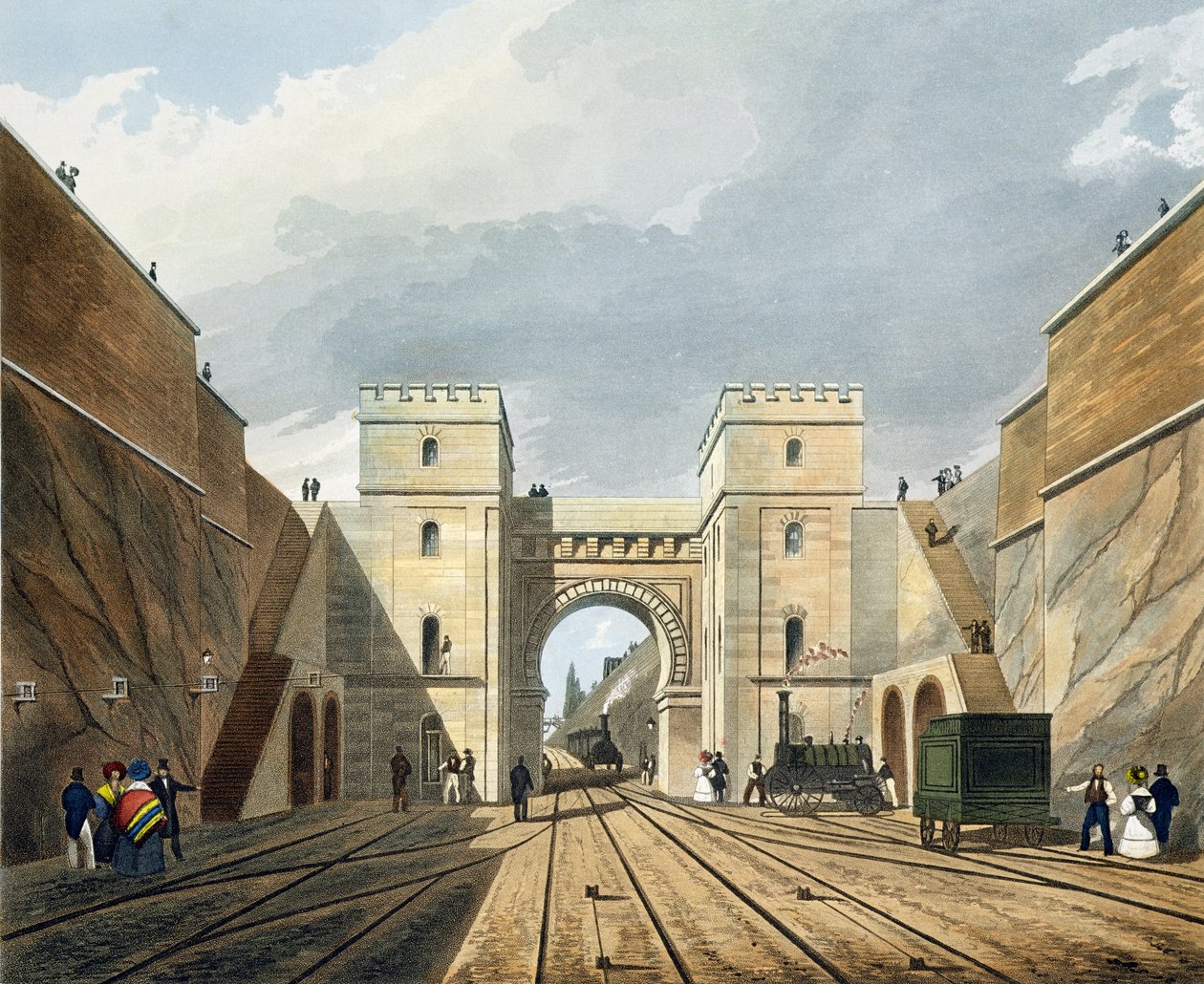 Arco Mourisco, Olhando do Túnel, placa 10 de &39;Liverpool e Manchester Railway&39;, gravada por SG Hughes, pub. por R. Ackermann, 1831 de Thomas Talbot Bury