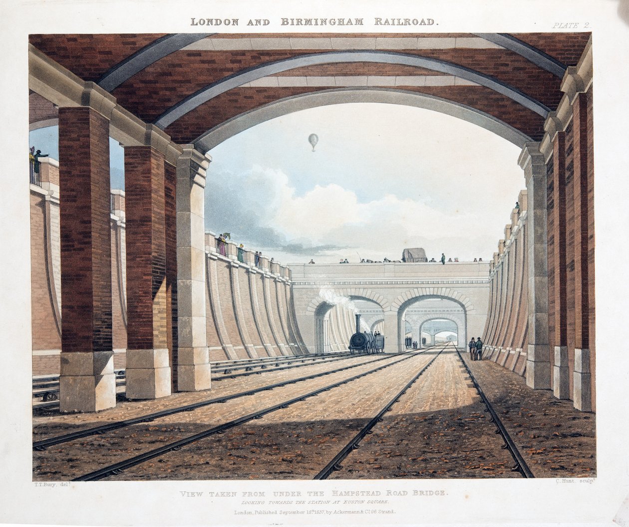 Vista, levado, de, sob, a, ponte estrada hampstead, olhar, direção, a, estação, em, Euston, quadrado, 1837, (hand, colorido, engraving) de Thomas Talbot Bury