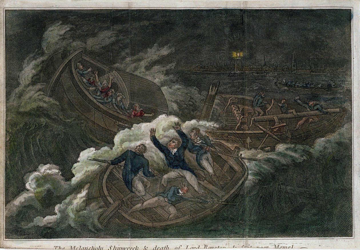 O Melancólico naufrágio e a morte de Lord Royston. Litografia (17,5 x 25,8 cm), edição de Londres (Inglaterra), por Thomas Tegg (1808). Arte inglesa de Thomas Tegg