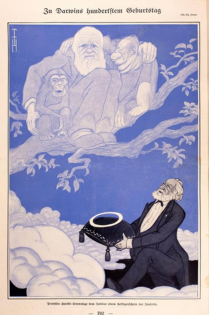 1909 caricatura Darwin, macacos, Haeckel de Thomas Theodor Heine