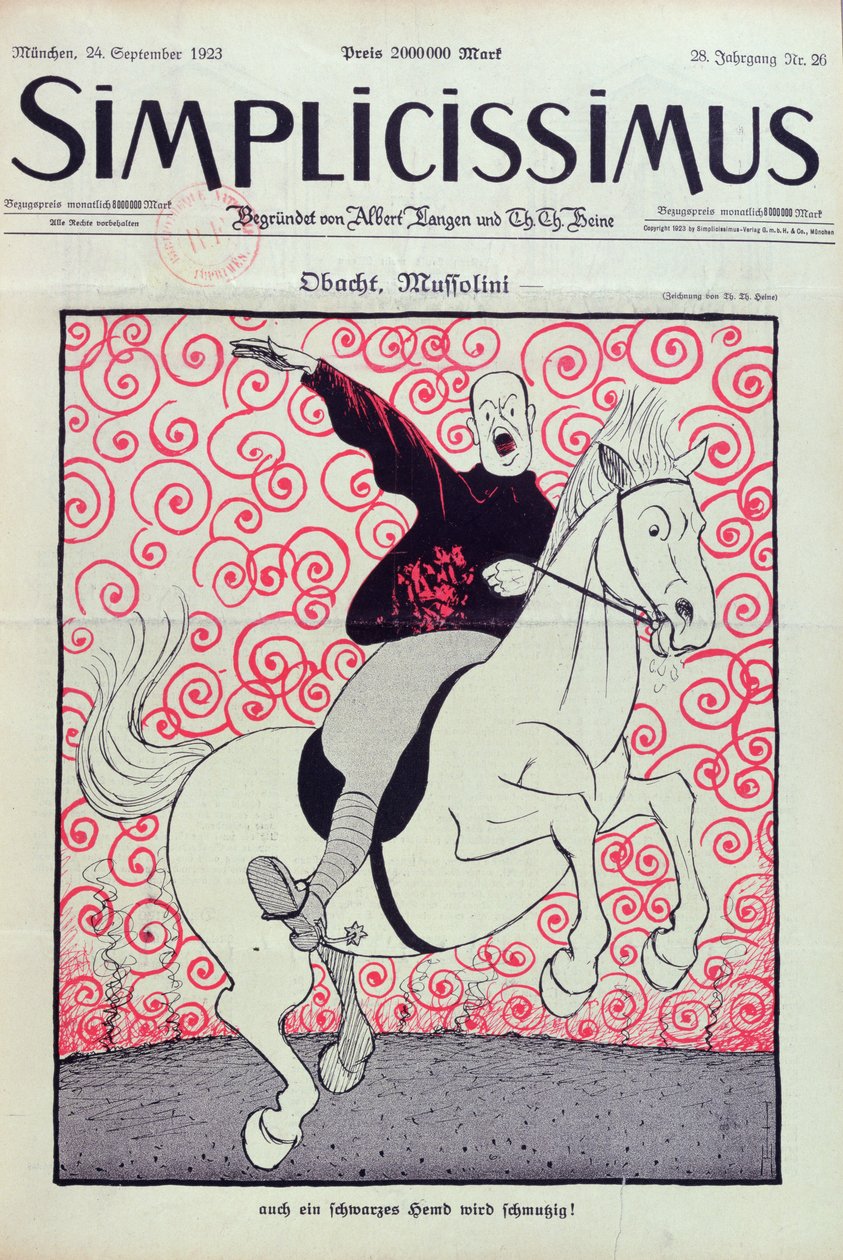 Caricatura de Benito Mussolini (1883-1945), capa da revista "Simplicissimus", publicada em Munique, 24 de Setembro de 1923 (cor litho) de Thomas Theodor Heine