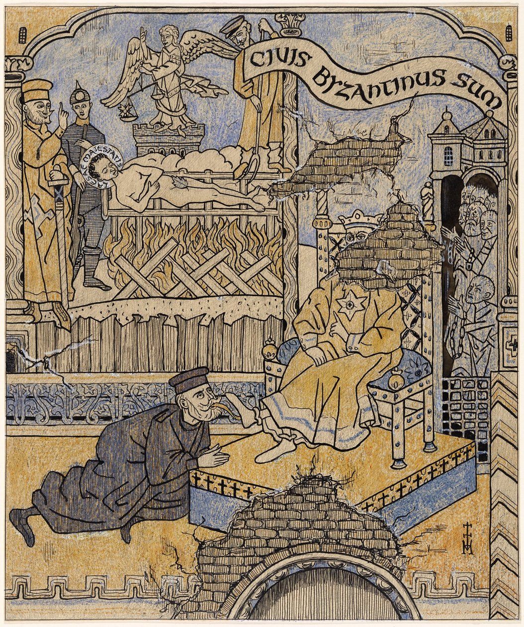 O mural redescoberto no Palácio da Justiça de Bizâncio; Simplicissimus V/34 de Thomas Theodor Heine