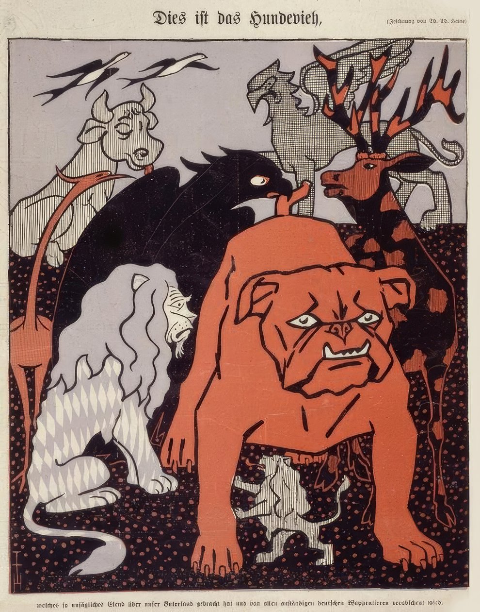 Esta é a Hundevieh, que trouxe miséria indizível ao nosso país e é detestada por todos os animais heráldicos alemães decentes de Thomas Theodor Heine