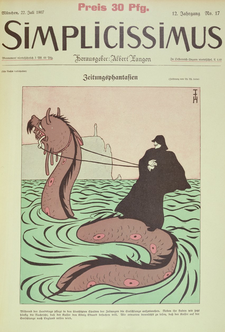 Kaiser monta o Sea Snake para a Inglaterra, cobre a Ilustração de Simplicissimus de Thomas Theodor Heine