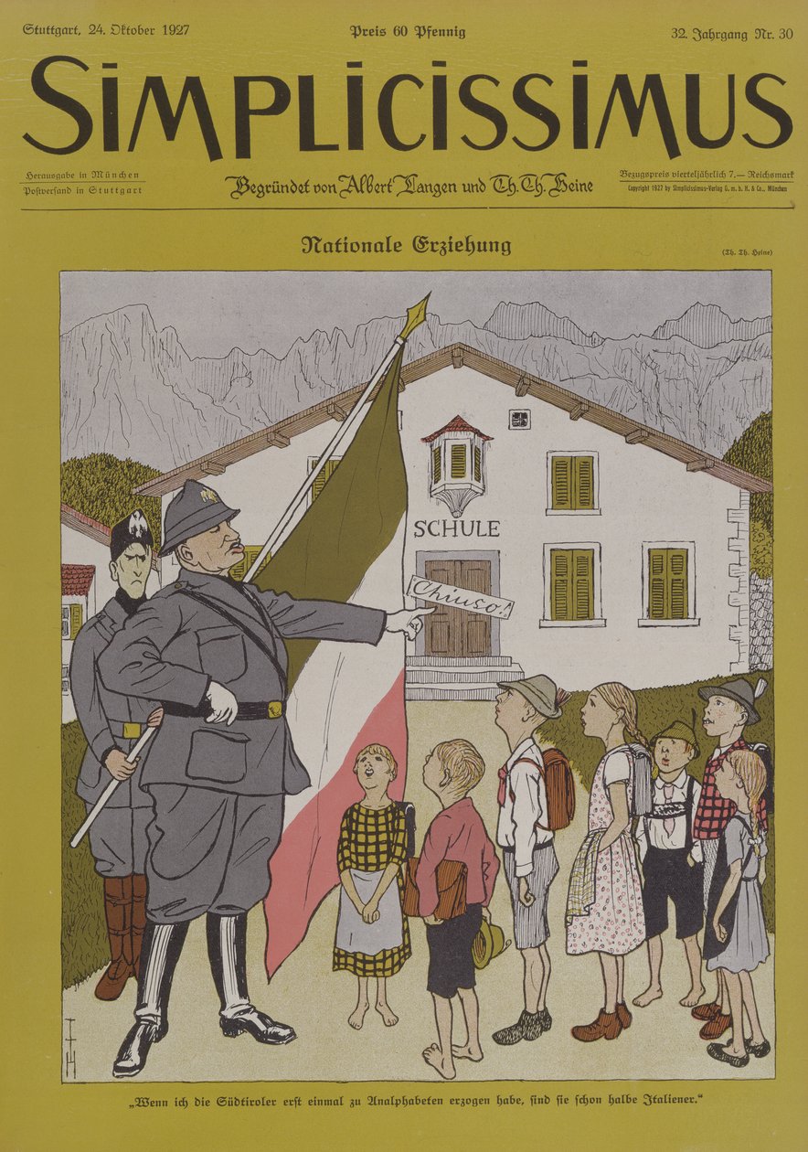 Mussolini (1883-1945) e o Tirol italiano, desenho animado da revista 