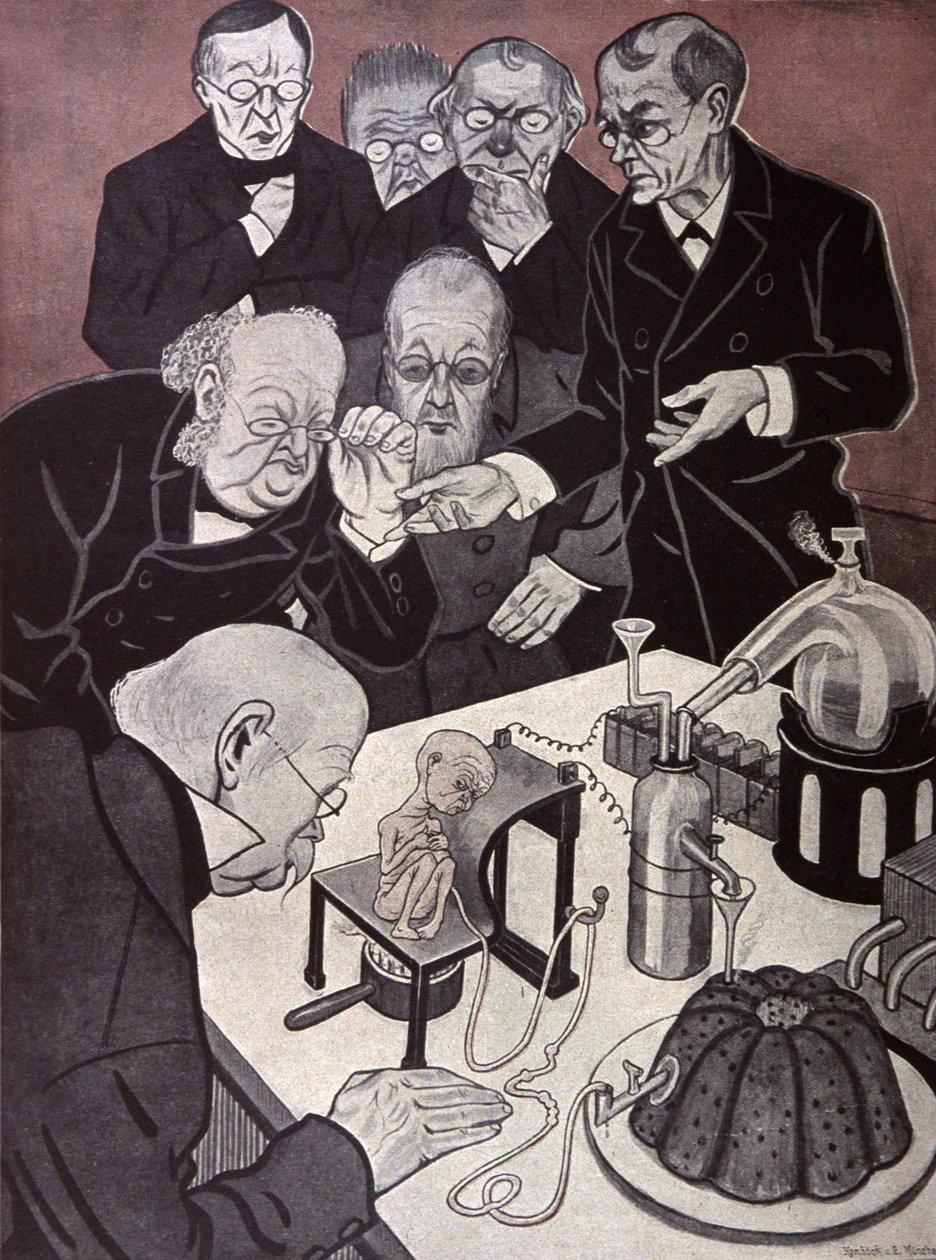 O homúnculo (corpo humano em miniatura embora totalmente formado). Ilustração por Th.Th. Heine in: Simplicissimus, Alemanha, c.1900 (litografia) de Thomas Theodor Heine