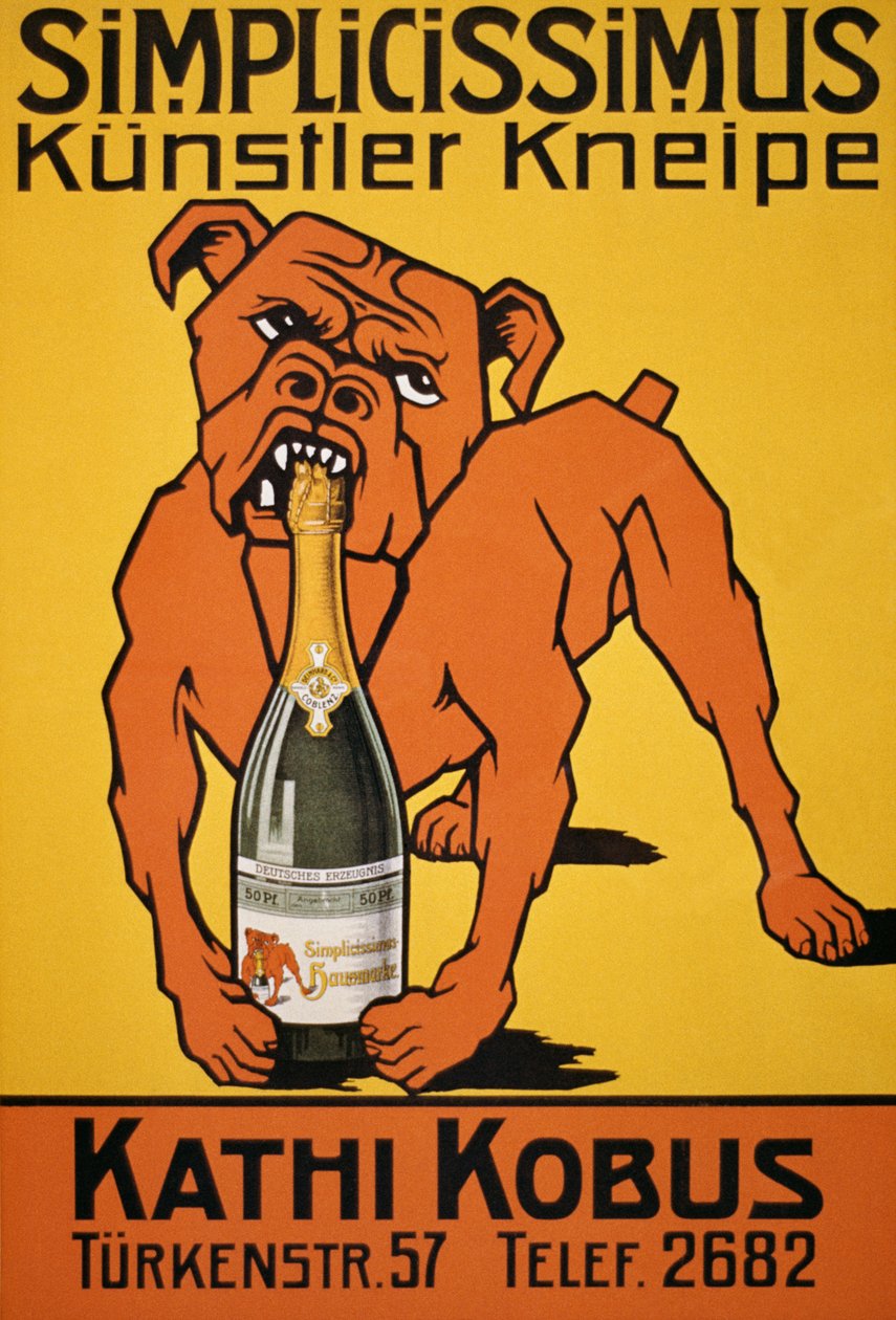 Cartaz vintage de garrafa de champanhe mordedora de bulldog (cartaz) de Thomas Theodor Heine