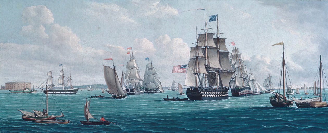 O navio americano Franklin, com vista para a baía de Nova Iorque, anos 1820 ou 1830. de Thomas Thompson