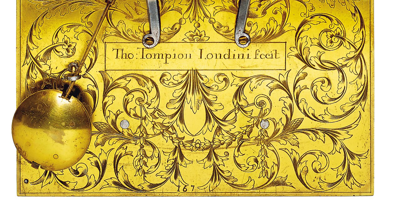 Detalhe de um impressionante relógio de mesa William e Mary com pull quarter repeat, no. 167, c.1690 (metal dourado) (ver também 867495-7) de Thomas Tompion