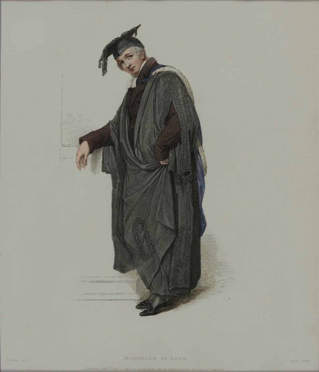 Bacharel em Direito, gravado por J. Agar, publicado em "História de Oxford" de R. Ackermann, 1813 (gravura colorida à mão) de Thomas Uwins