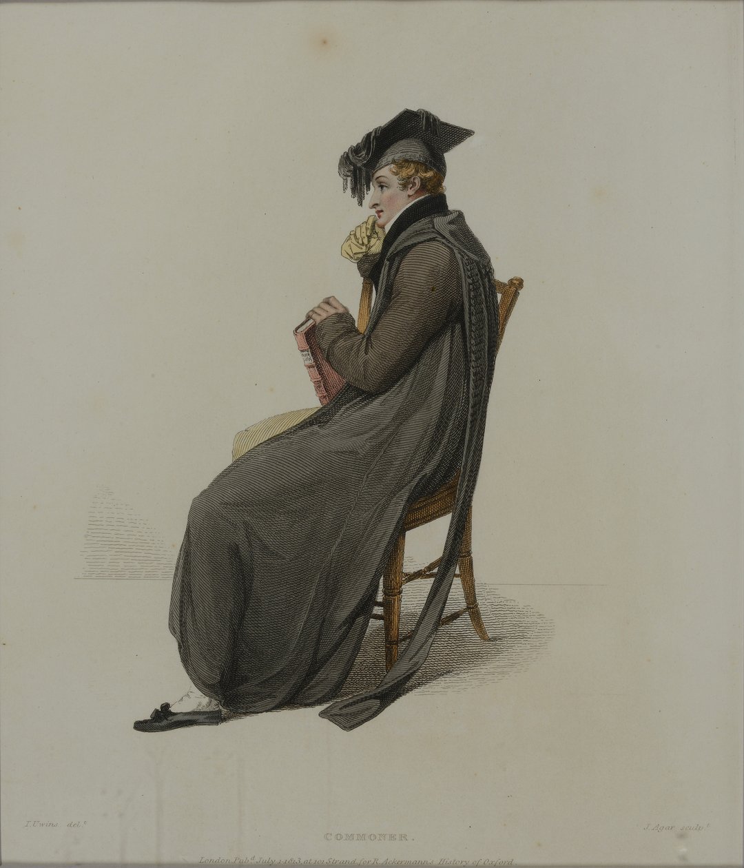 Commoner, gravado por J. Agar, publicado em "História de Oxford" de R. Ackermann, 1813 (gravura colorida à mão) de Thomas Uwins