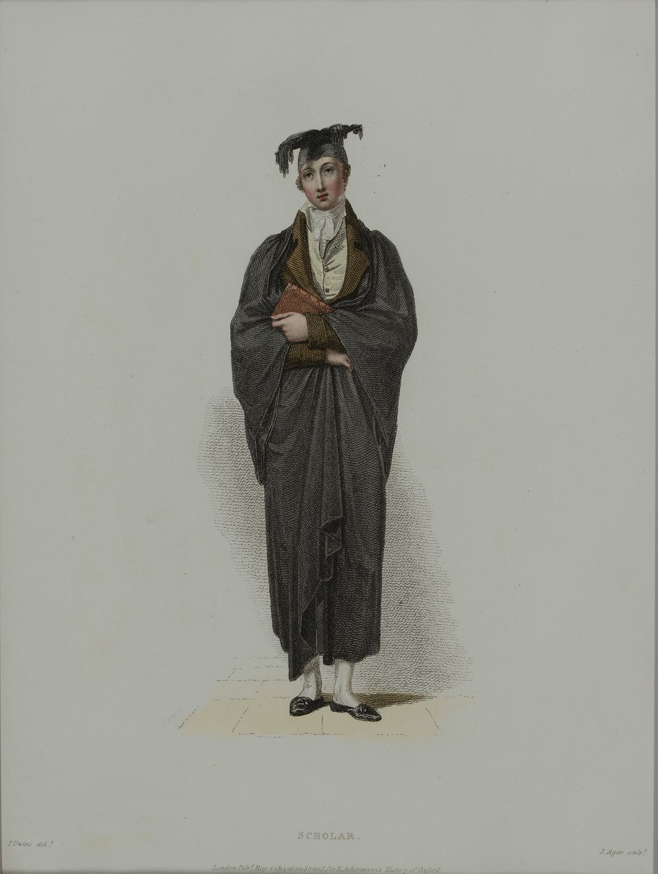 Estudioso, gravado por J. Agar, publicado em "História de Oxford" de R. Ackermann, 1814 (gravura à mão colorida) de Thomas Uwins