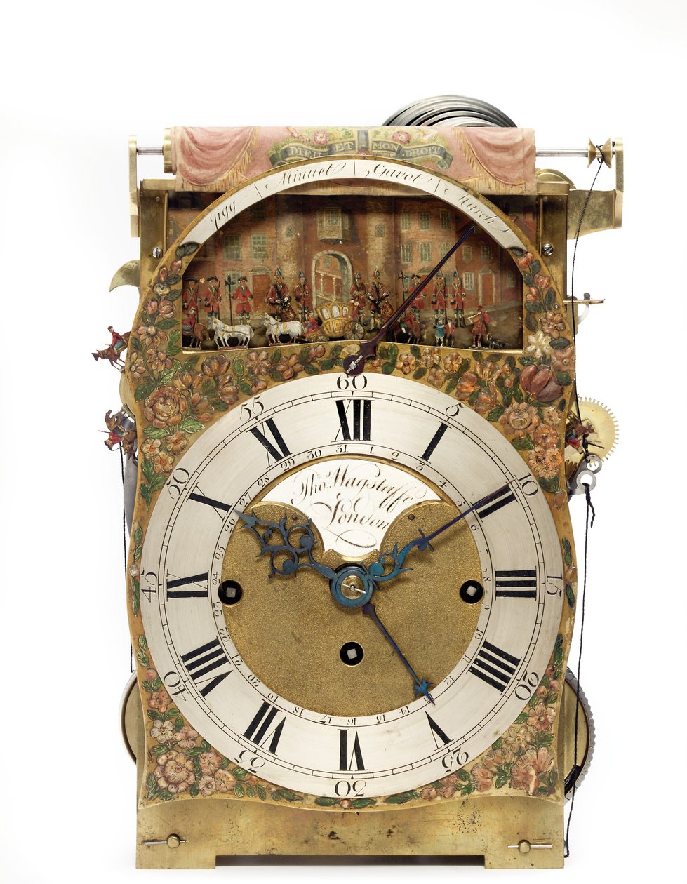 Detalhe de um relógio de mesa autômato musical japonês verde e dourado de George III representando o Desfile do Lord Mayor, c.1780 (madeira, latão e laca) (ver também 491785-7) de Thomas Wagstaff or Wagstaffe