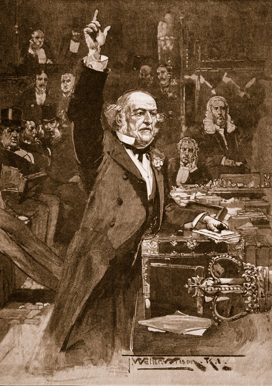 Introdução do projeto Home Rule: o Sr. Gladstone entregando sua ilustração de peroration, 1886, de "História Ilustrada de Cassell da Inglaterra" (foto sépia) de Thomas Walter Wilson