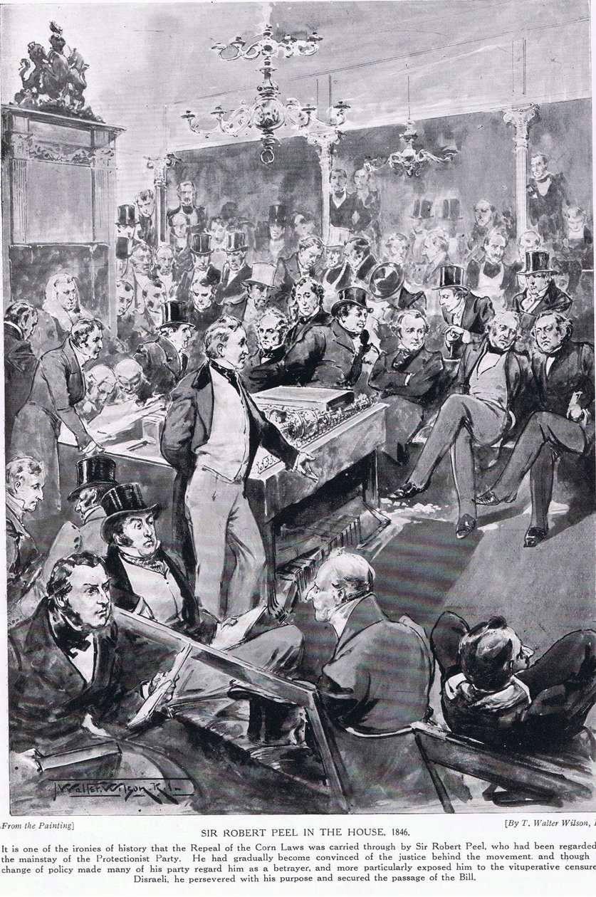 Sir Robert Peel na casa, 1846, ilustração da "Hutchinson&39;s Story ofthe British Nation", c.1923 de Thomas Walter Wilson