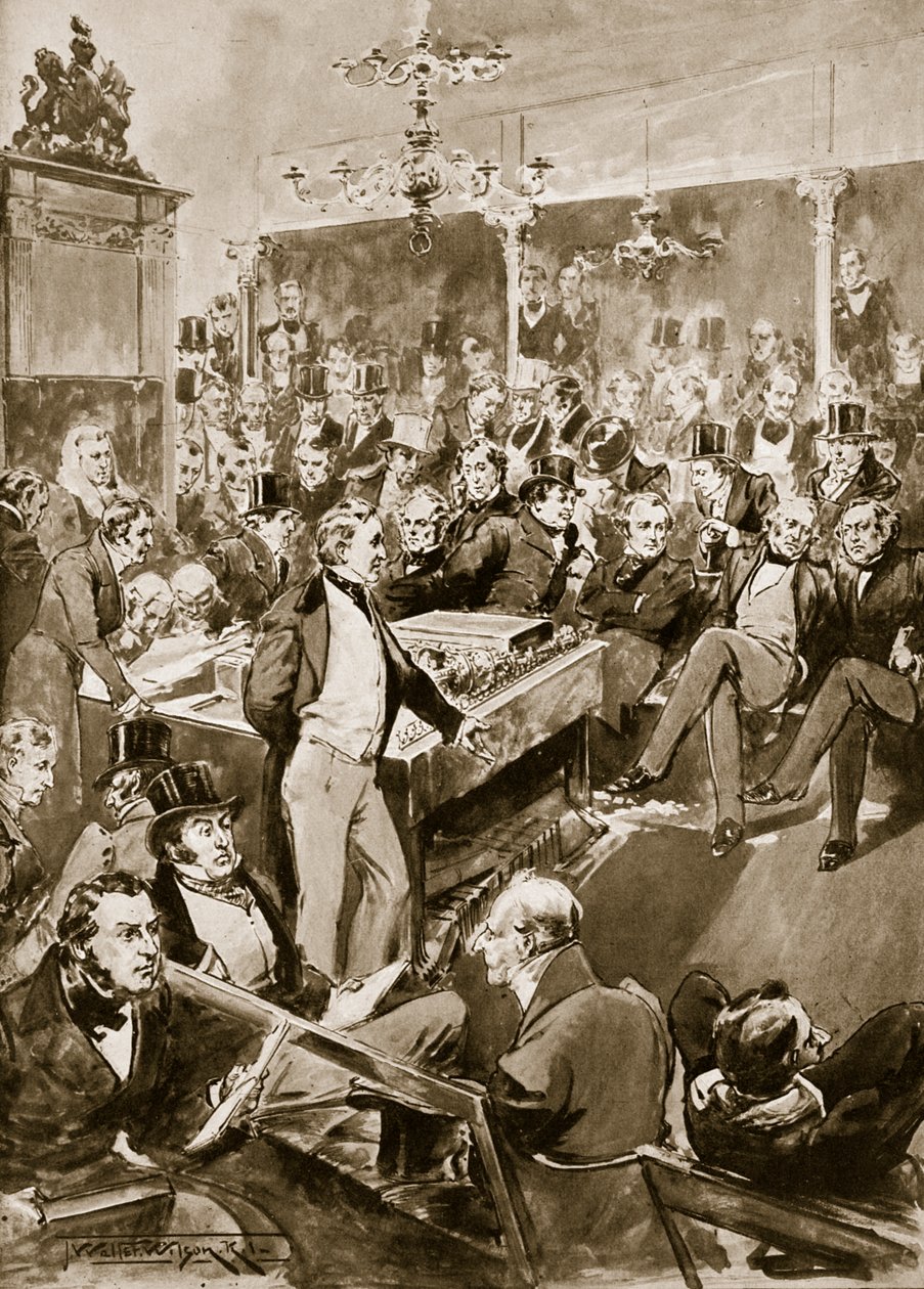 Sir Robert Peel na casa, 1846, ilustração da "Hutchinson&39;s Story ofthe British Nation", c.1923 de Thomas Walter Wilson