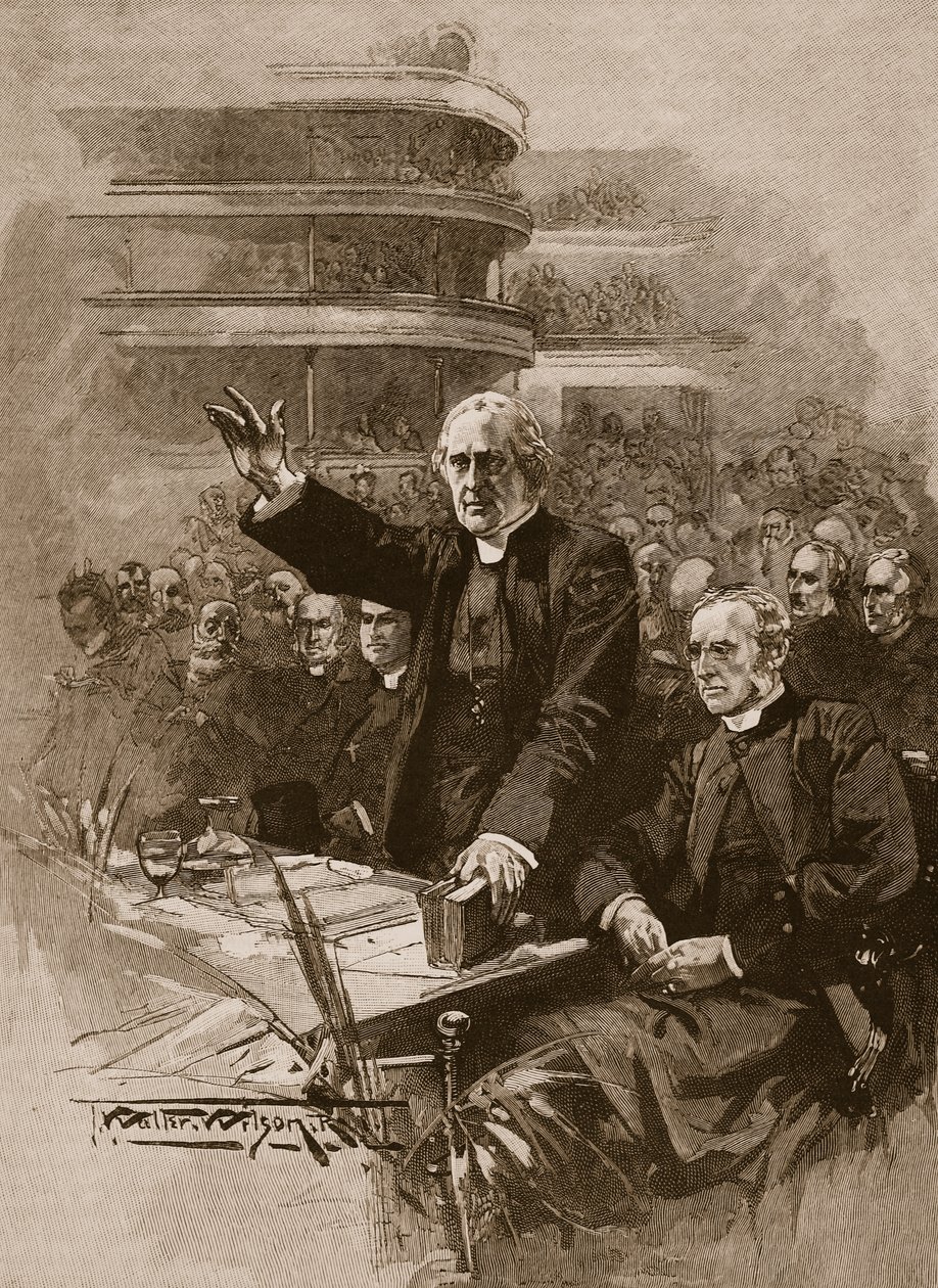 O arcebispo de Canterbury na demonstração no Royal Albert Hall, 1893, ilustração de &39;História Ilustrada de Cassell da Inglaterra&39; (foto sépia) de Thomas Walter Wilson