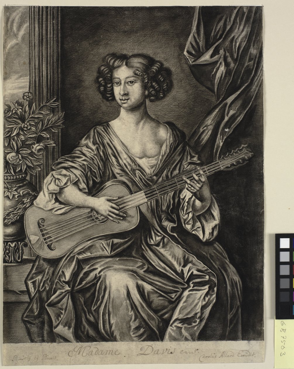 Senhora tocando guitarra, "Madame Davis"; após o retrato pintado de Sir Peter Lely, c. 1674 de Mary Davies na coleção Earl of Bradford de Thomas Watson
