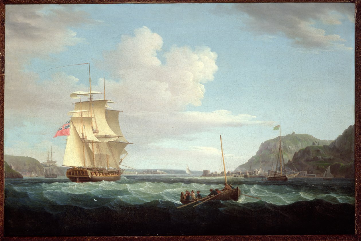 Uma fragata britânica com um Longboat fora do promontório de Gallows Hill, Broad Bay, Ilha de Lewis, Hebrides de Thomas Whitcombe