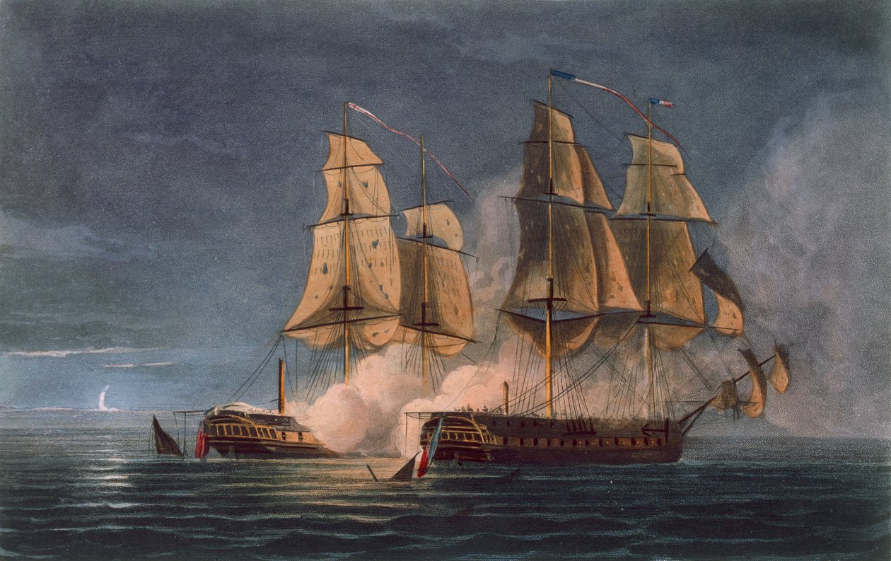 Captura da Tétis por HMS Amethyst, 10 de novembro de 1808, gravada por T. Sutherland para "A Cronologia Naval da Grã-Bretanha", de J. Ralfe, publicada em 1820 de Thomas Whitcombe