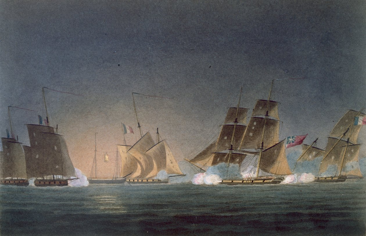 HMS Rinaldo envolvendo quatro soldados franceses, gravados por J. Bailey para "A Cronologia Naval da Grã-Bretanha", de J. Ralfe, publicado em 1820 de Thomas Whitcombe