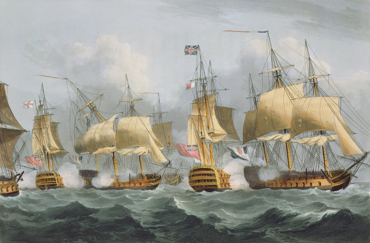 Lord Howe na Rainha Charlotte, Quebrando a Linha Inimiga, 29 de maio de 1794, gravada por Thomas Sutherland para as "Realizações Navais" de J. Jenkins, 1816 (gravura colorida) de Thomas Whitcombe