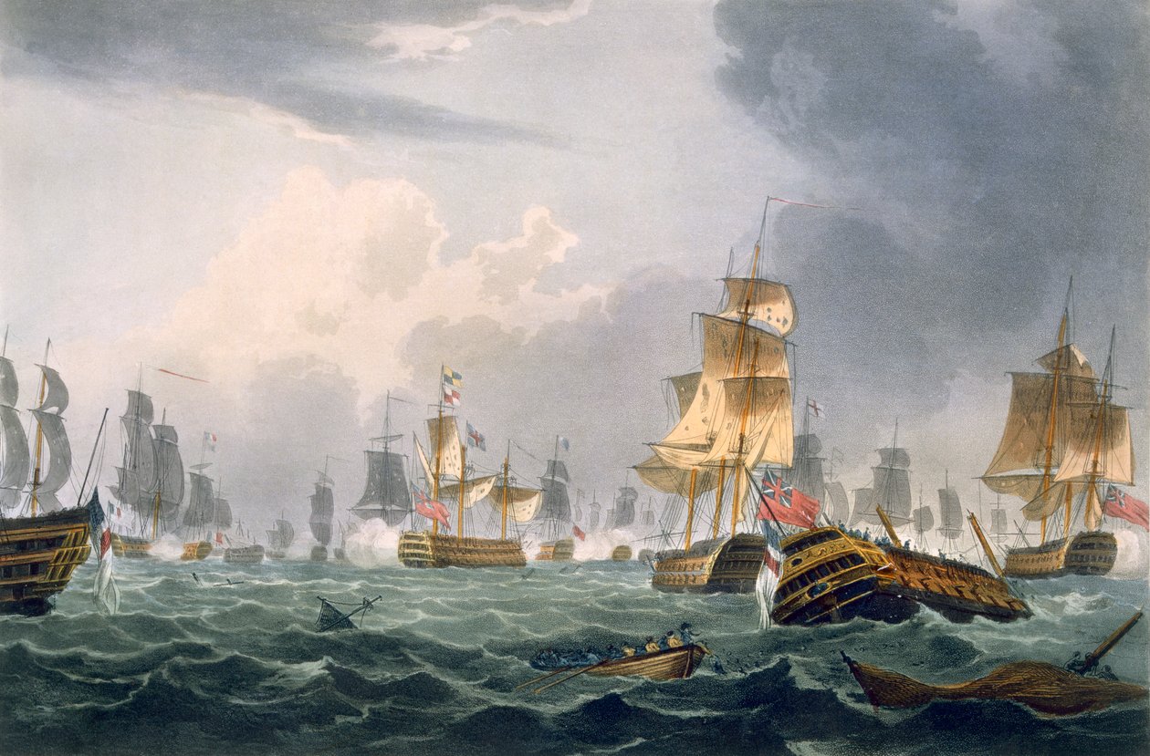 Lord Howe&39;s Victory, 1º de junho de 1794, gravado por Thomas Sutherland para as "Realizações Navais" de J. Jenkins, 1816 (gravura colorida) de Thomas Whitcombe