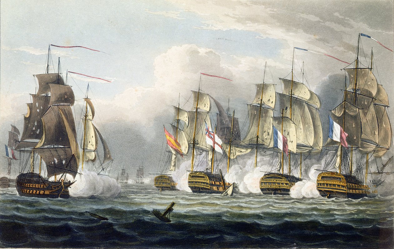 Situação do HMS Bellerophon após a morte de seu comandante Capitão Cooke na Batalha de Trafalgar, em 21 de outubro de 1805, gravada por T. Sutherland para "The Naval Chronology of Great Britain" por de Thomas Whitcombe