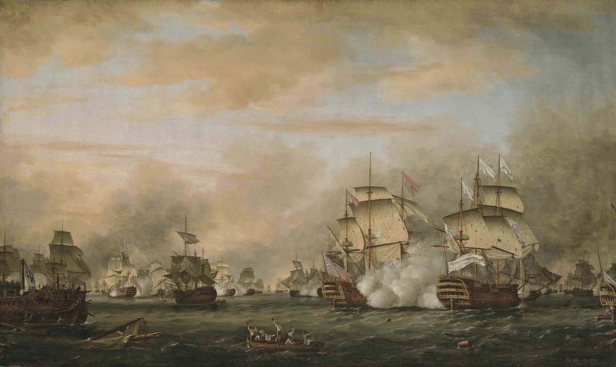 A Batalha de Saintes, 12 de abril de 1782. HMS Barfleur atacando a capitânia francesa Ville de Paris de Thomas Whitcombe