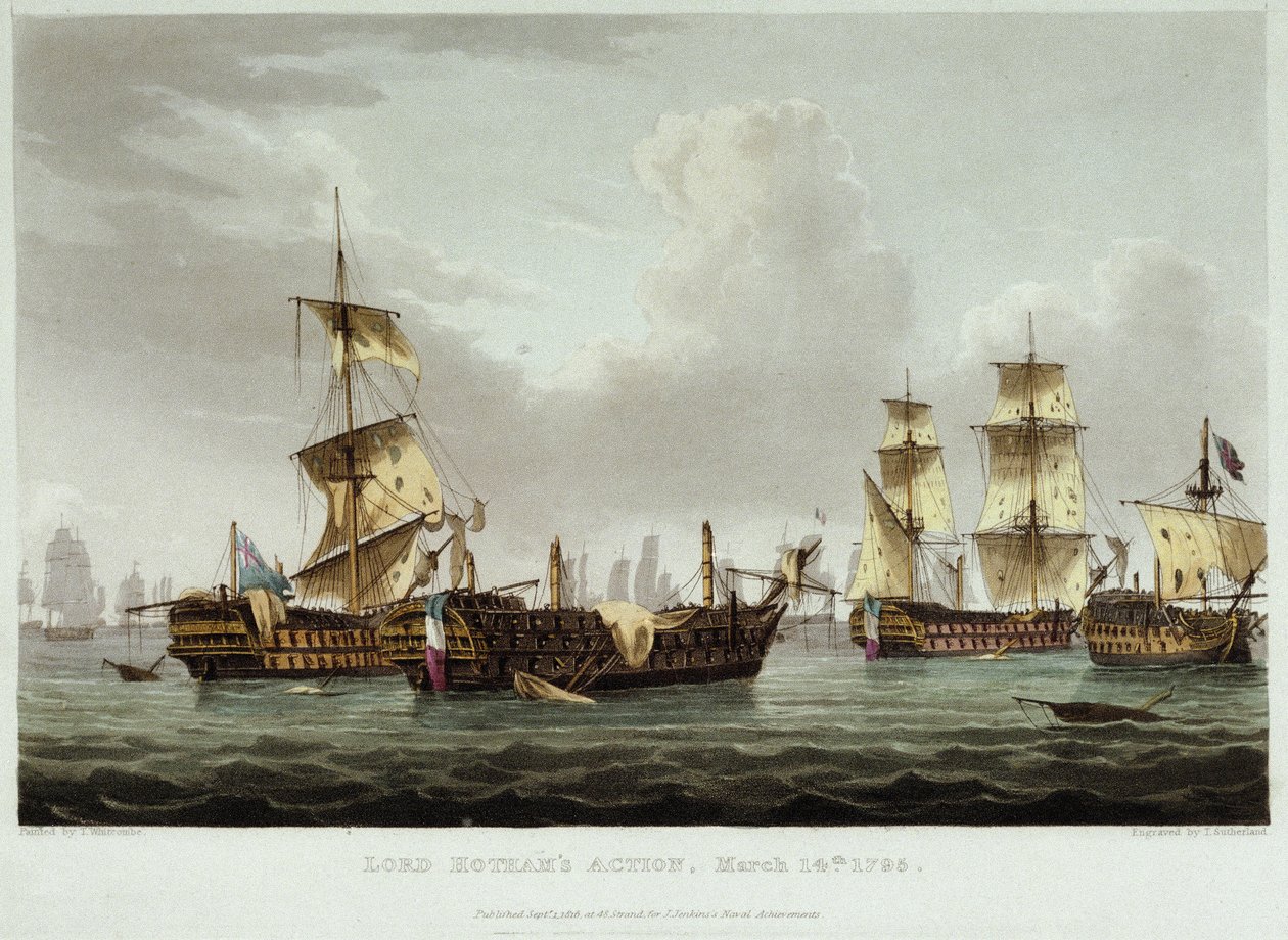 A batalha naval liderada por Lord William Hotham (1736-1813), em 14 de março de Thomas Whitcombe
