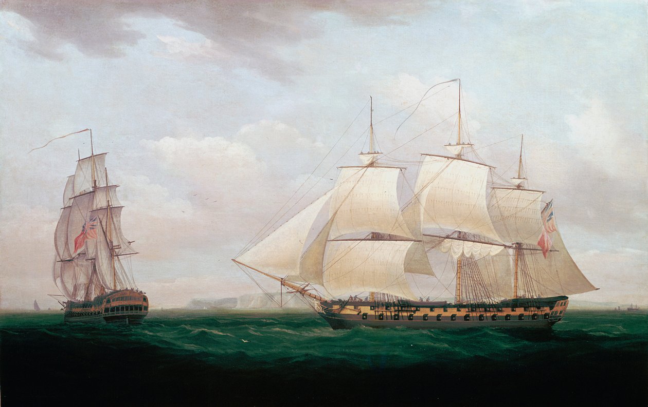 Dois Indiamen do leste fora de uma costa, Thomas Whitcombe, c1850 de Thomas Whitcombe