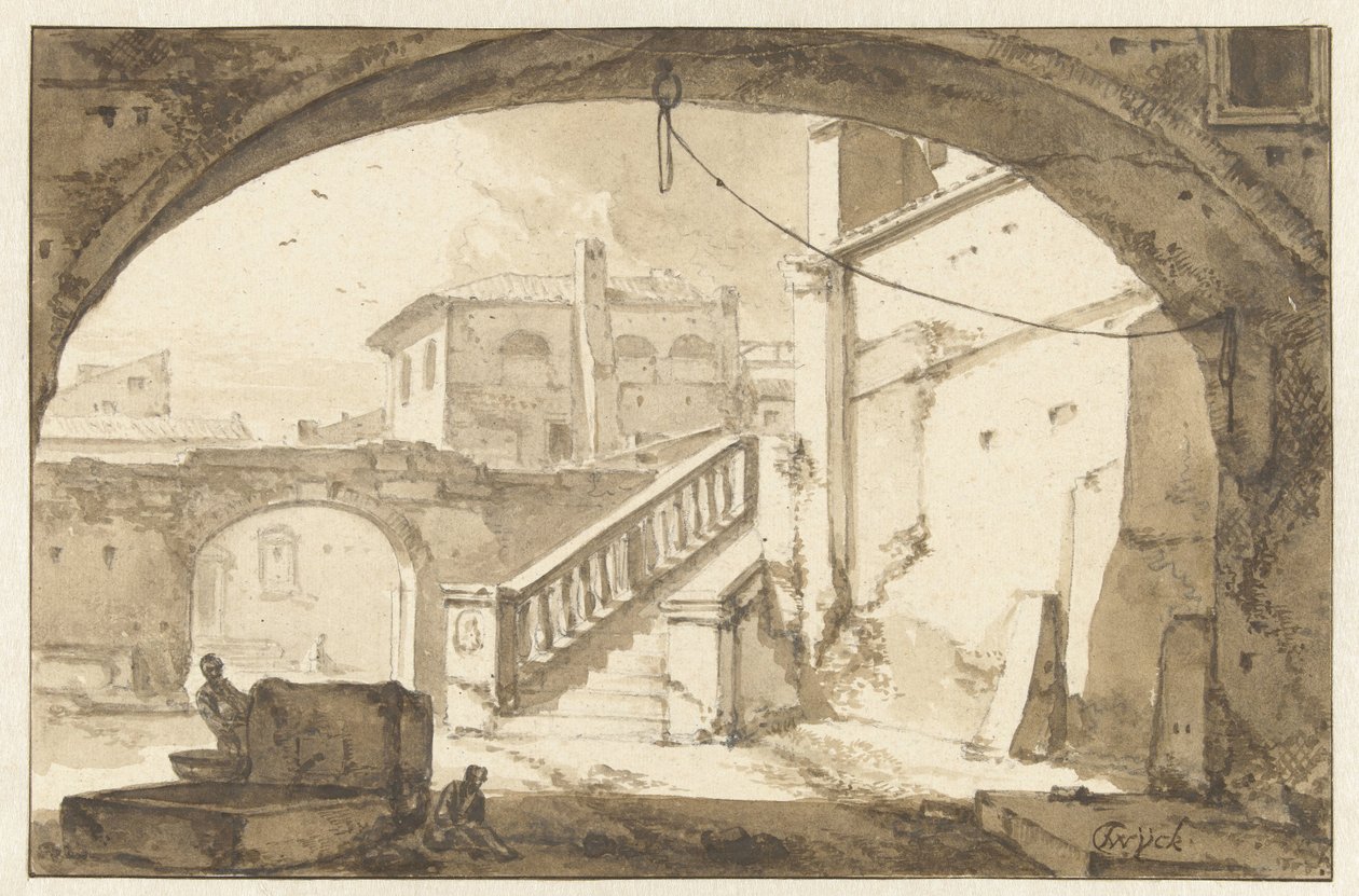 Vista através de um arco em um pátio italiano de Thomas Wijck