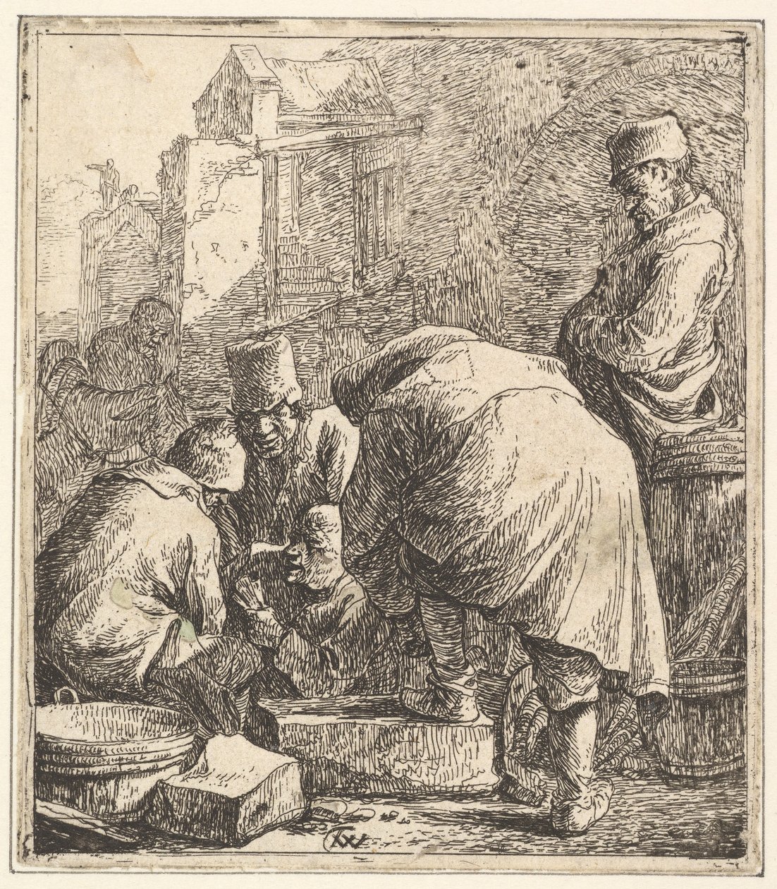Homem ajustando seus sapatos, à esquerda, três homens jogando cartas, 1630-77. de Thomas Wijck