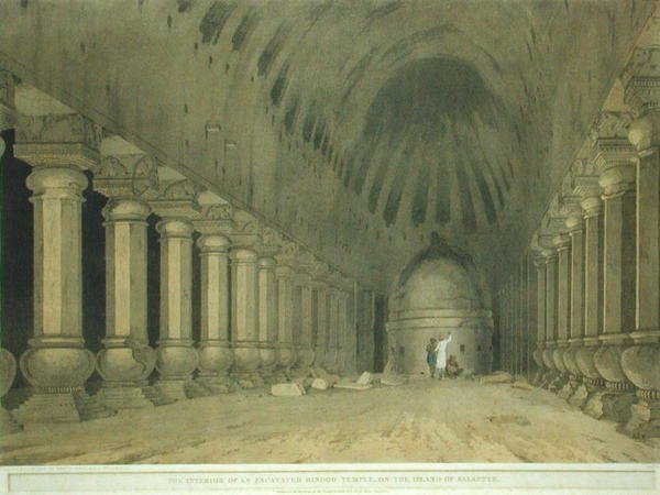 Interior de um Templo Hindu Escavado na Ilha de Salsette, placa 63 de "Cenário Oriental": Twenty Four Views in Hindoostan